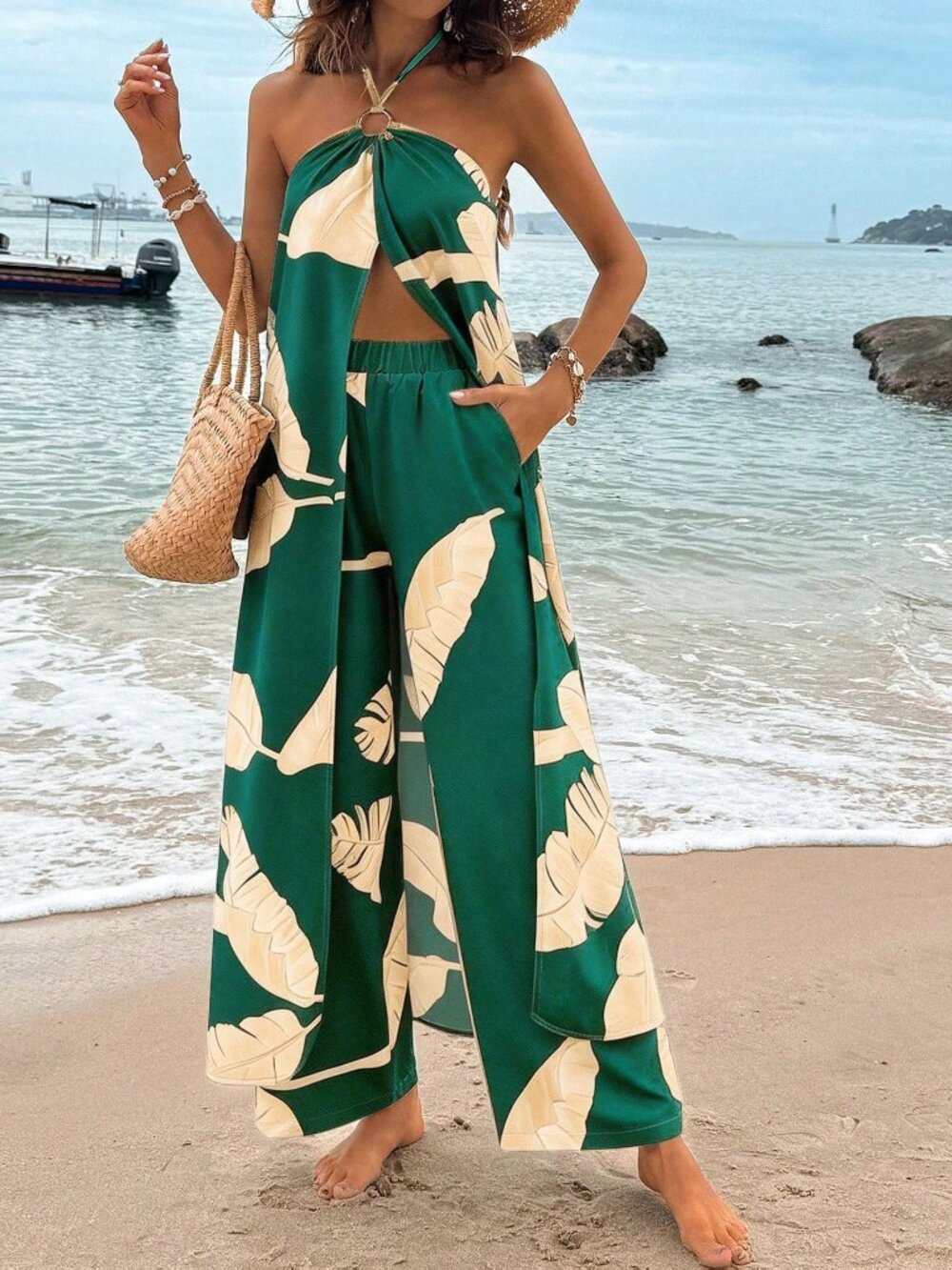 Dark Green Boho Women's Plant Print Halter Crop Top & Straight Leg Pants Set